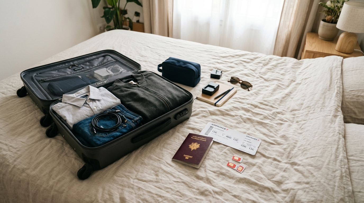 Comparaison visuelle de deux options eSIM sur un bureau de voyage avec passeport