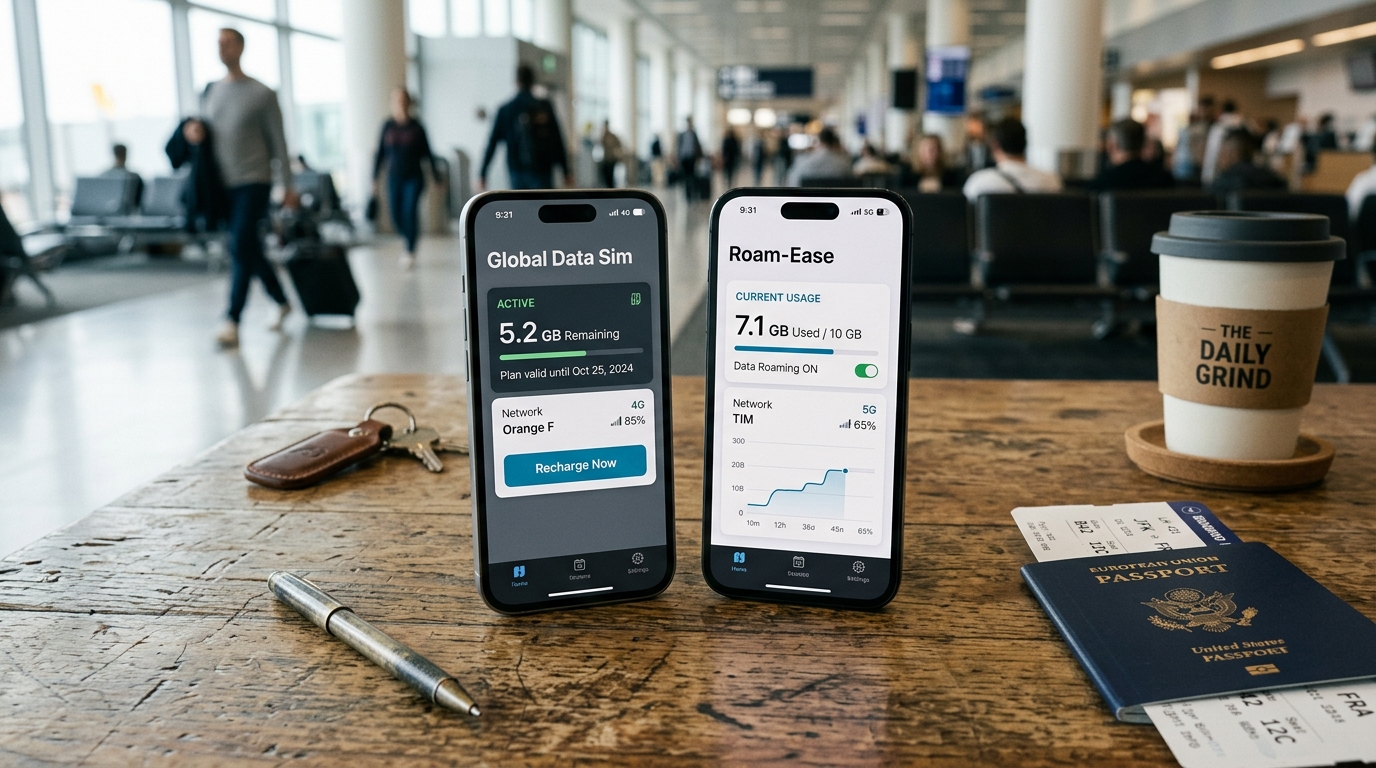 Comparaison de deux smartphones affichant des applications eSIM de voyage