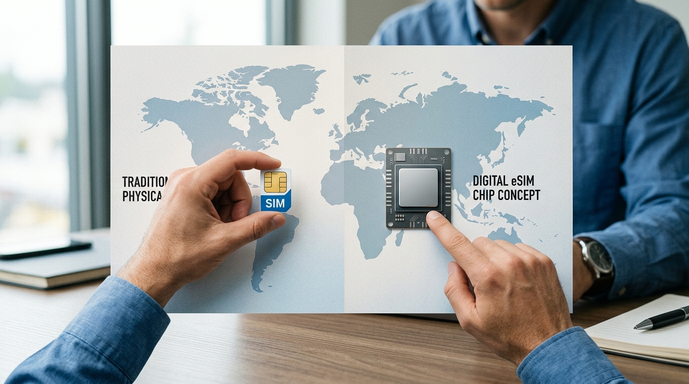 Comparaison visuelle entre une carte SIM physique et une eSIM sur fond de carte du monde