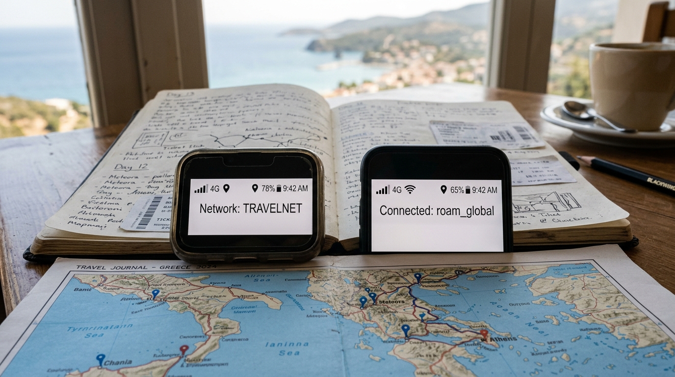 Comparaison de deux smartphones affichant des applications eSIM en voyage