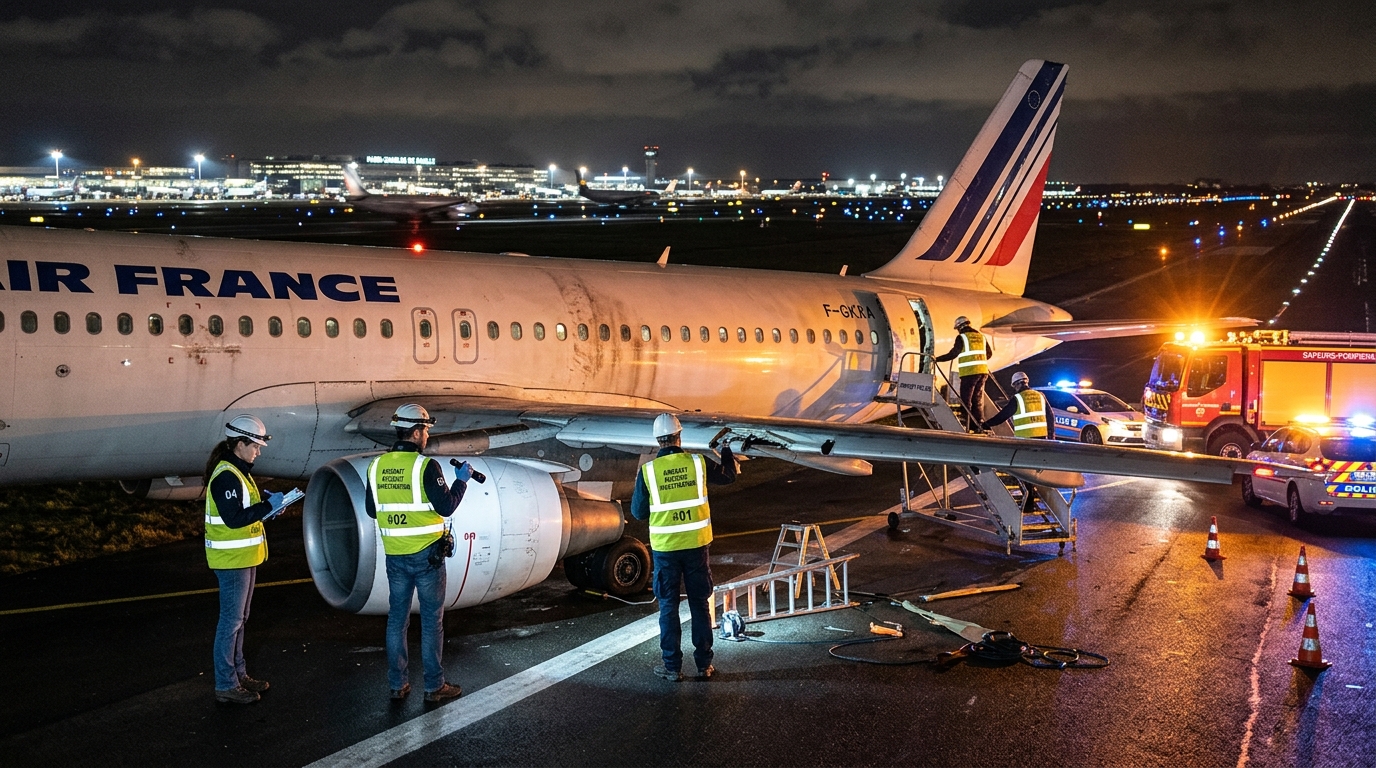 Enquêteurs aéronautiques inspectant un avion après un incident de piste