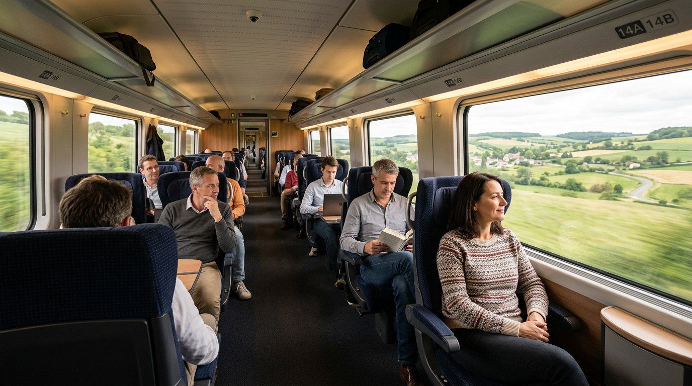 Intérieur d'un train européen moderne avec passagers confortablement installés et paysage en arrière-plan