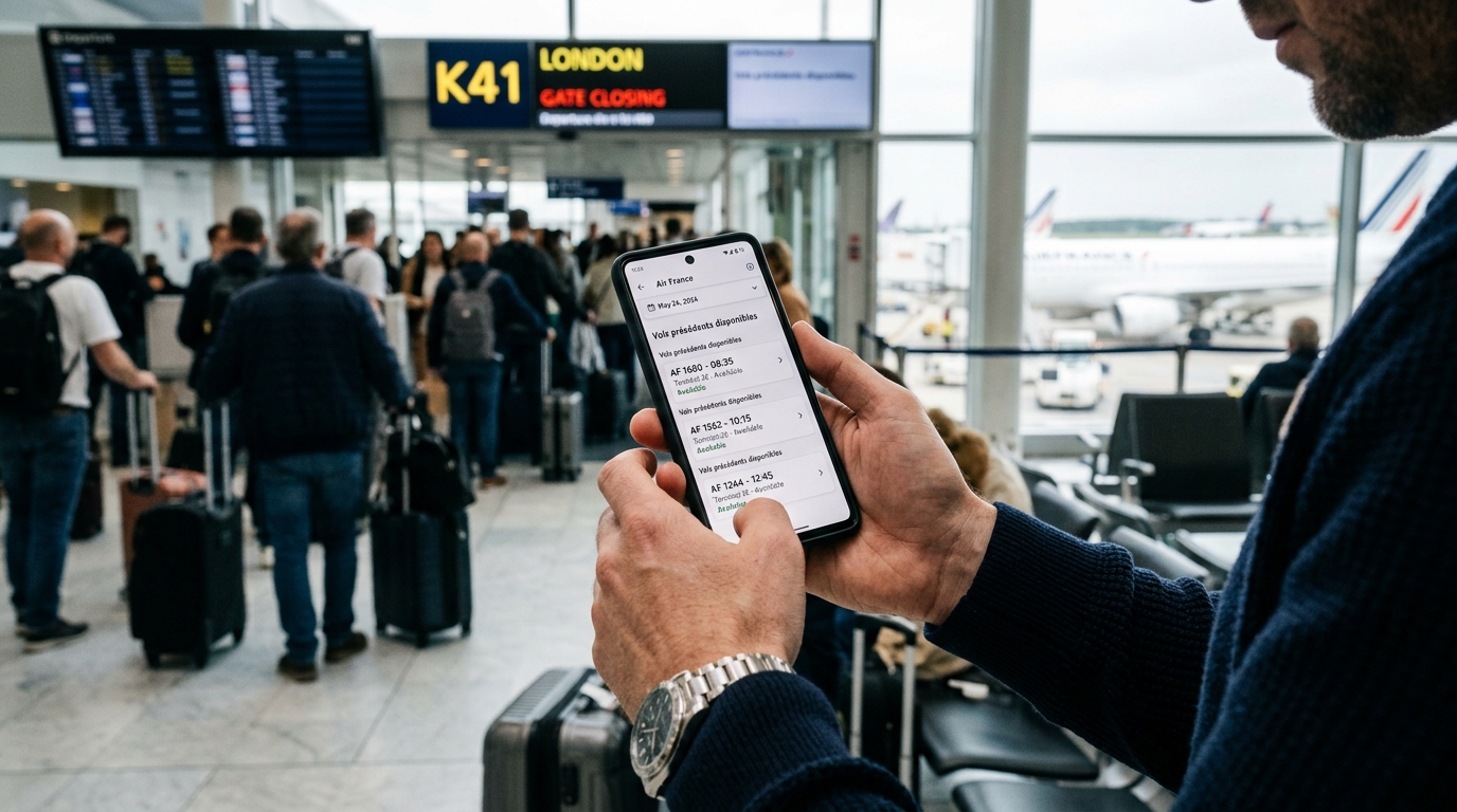 Passager consultant l'application United Airlines sur son smartphone dans un aéroport en cas de retard