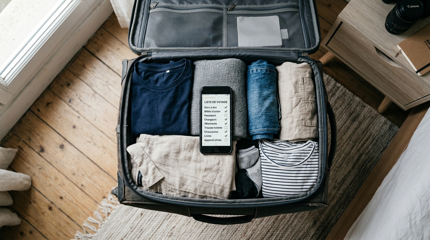 Checklist voyage eSIM affichée sur l'écran d'un smartphone posé sur une valise ouverte