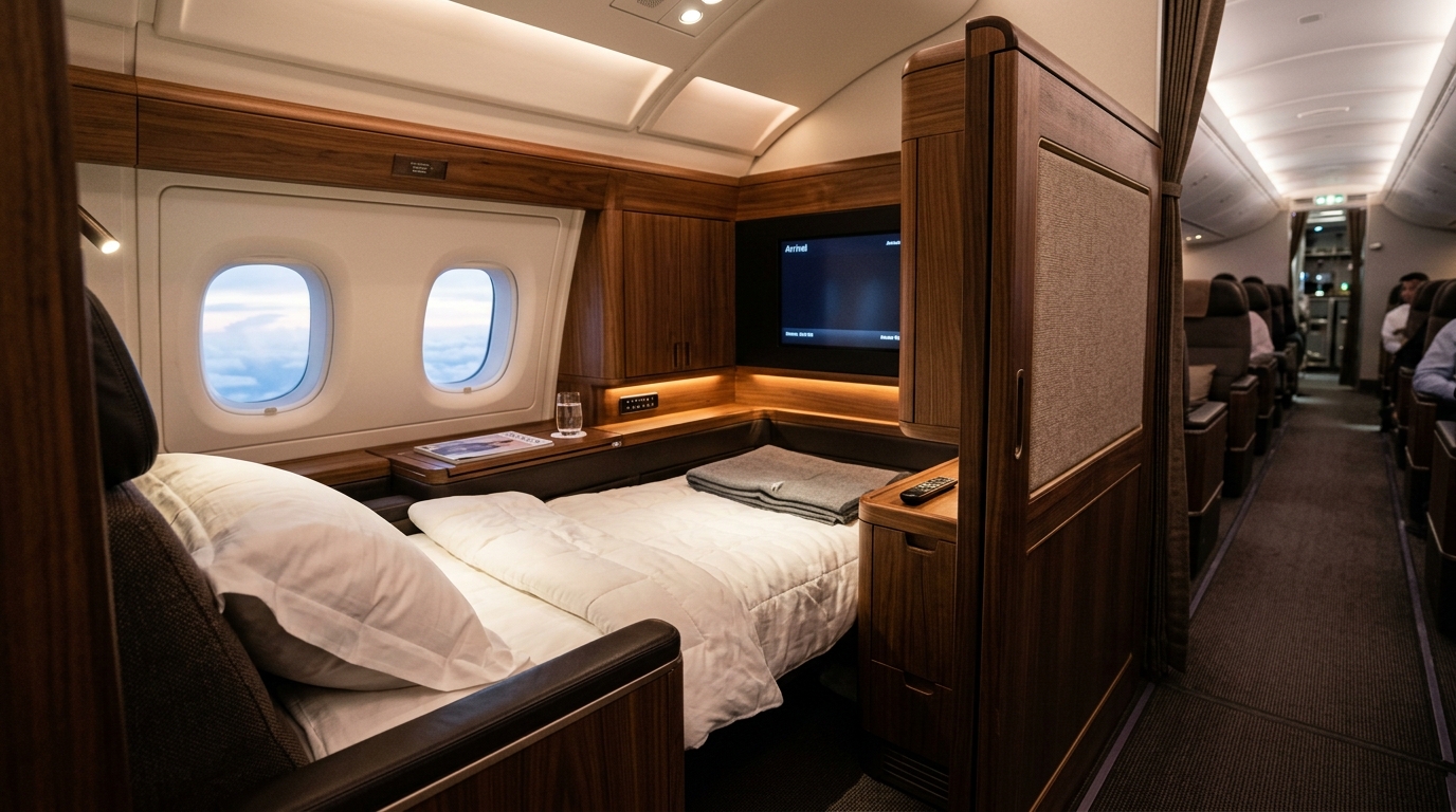 Suite luxe en avion avec porte coulissante et siège fully-flat