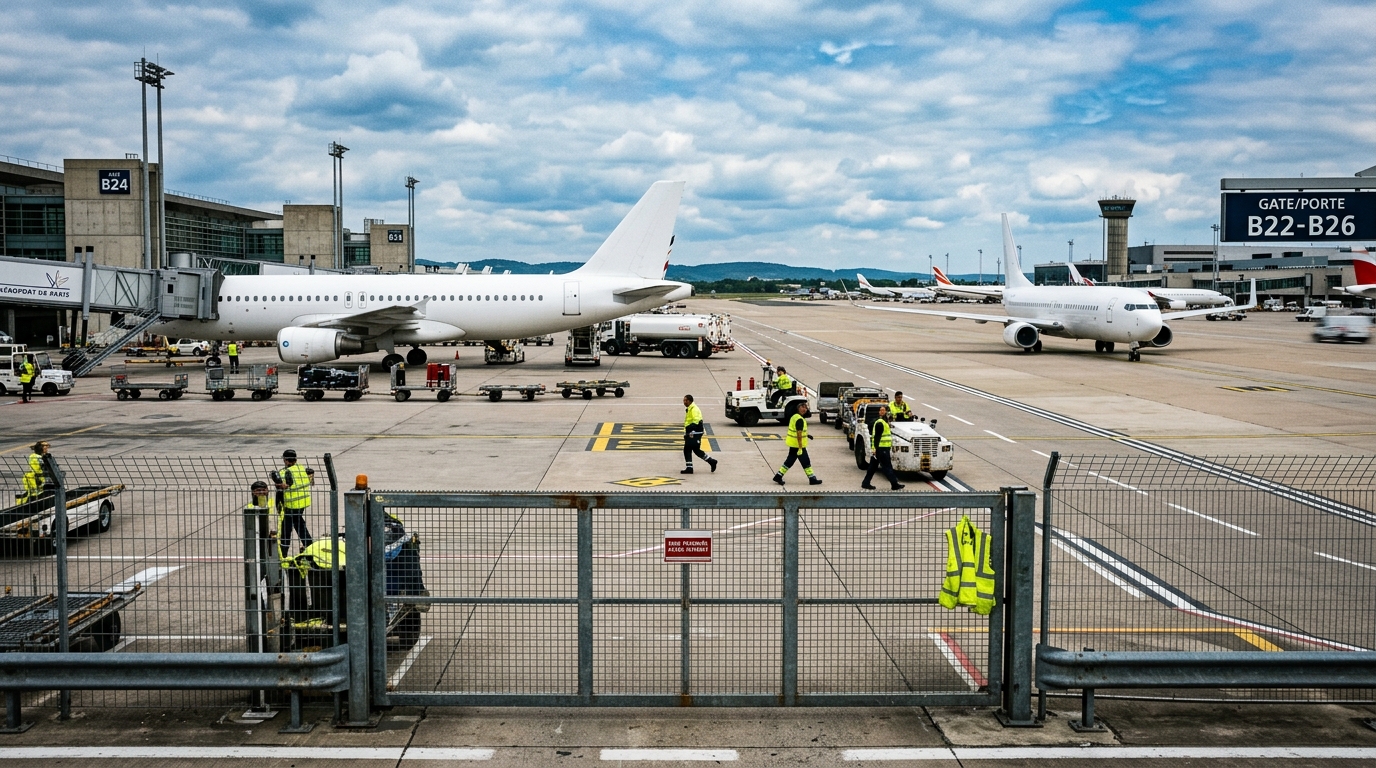 Tarmac d'un aéroport européen avec avions et personnel de sécurité
