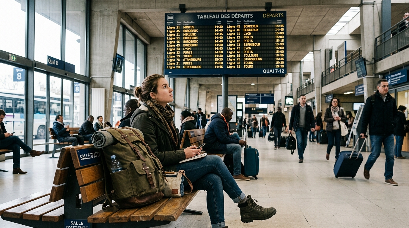 Voyageur avec sac à dos attendant un bus longue distance dans une gare routière européenne