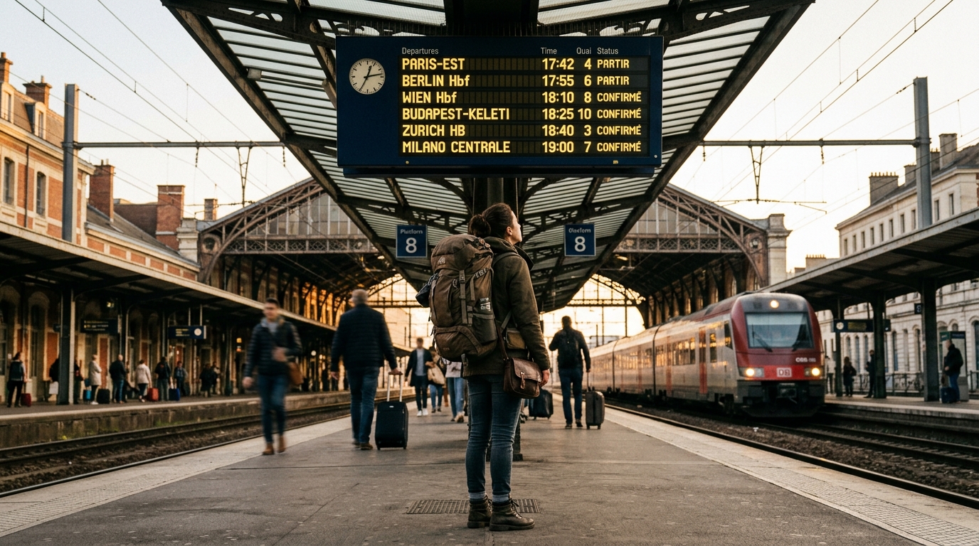 Voyageur avec sac à dos dans une gare européenne regardant les panneaux de départ