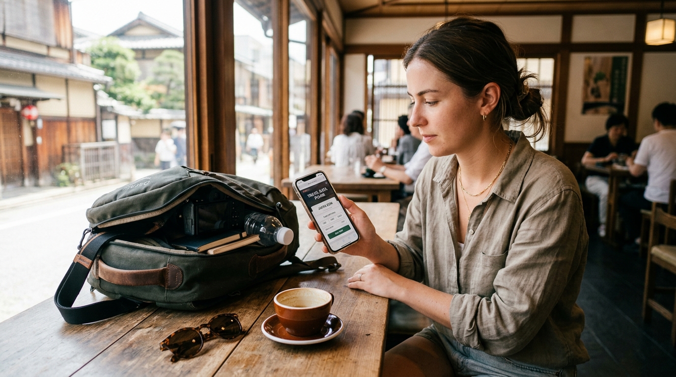 Mains tenant un smartphone avec une interface d'application eSIM affichant des forfaits voyage