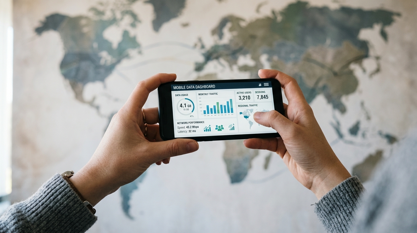 Voyageur consultant son smartphone à l'étranger avec une eSIM activée