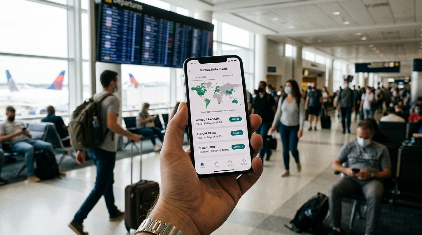 Voyageur consultant une eSIM sur son smartphone à l'aéroport