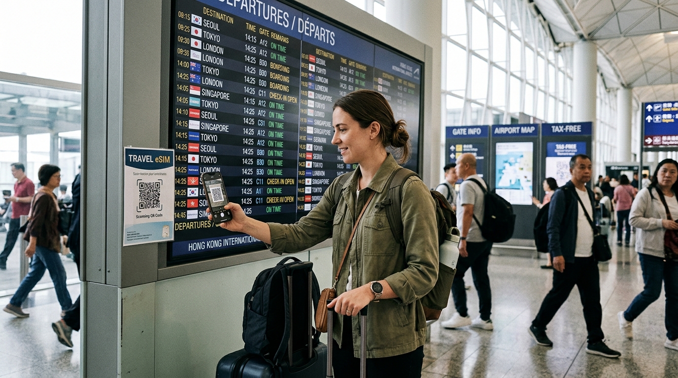 Smartphone affichant un QR code d'activation eSIM dans un aéroport international